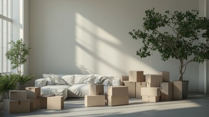 Living room with scattered moving boxes and a blank wall behind, perfect for copy or branding overlays.