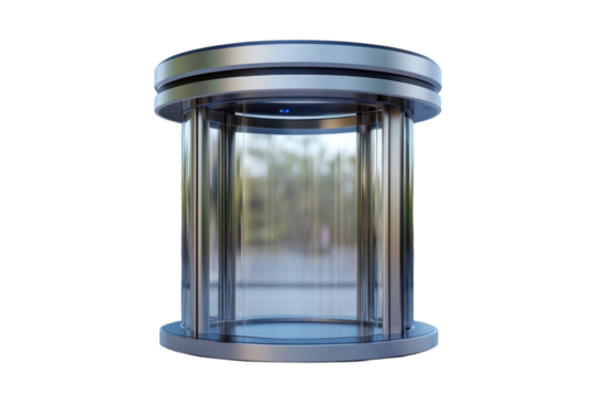 Modern glass display case illuminated for future tech expo showing innovation and sleek design on transparent background