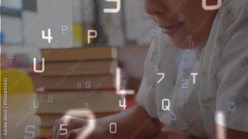 Aufkleber boy tapping trackpad dragging and typing on laptop showing floating letters, numbers for studying