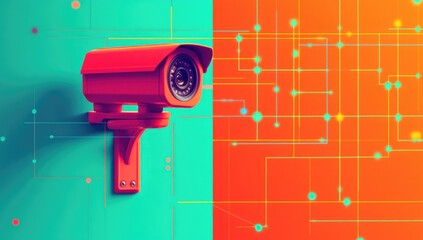 Red security camera on teal and orange background with circuit patterns
