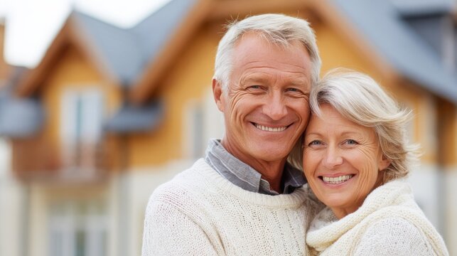 family, age, home, real estate and people concept - happy senior couple hugging over living house background, no logos, no brands