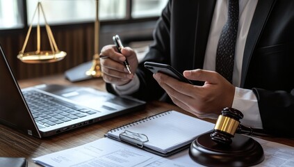 Lawyer working at a desk, using a laptop, phone, and legal documents