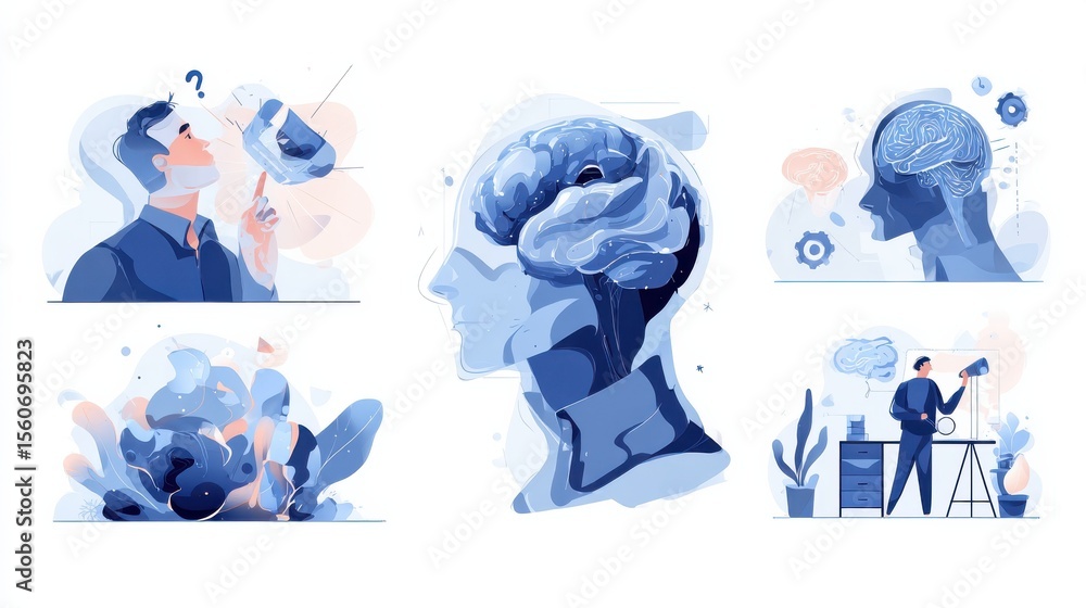 Poster brain activity abstract concept vector illustration set. thinking and imagination, problem solving, 