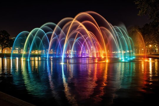 UCF Orlando's Night Fountain: Long exposure photography transforms colorful lights into mesmerizing water reflections.
