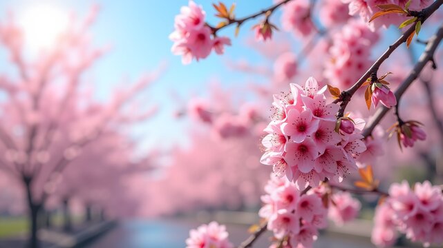 Colorful cherry blossoms on branches, scenic view against clear blue sky. Bright pink flowers in spring in blooming garden
- Powered by Adobe