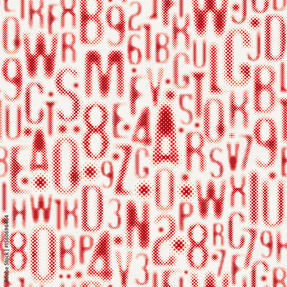 Poster vector seamless pattern with signs or font consisting of dots. on the theme of matrix printing, comp