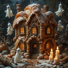 Fototapeta premium Halloween gingerbread house with ghosts, pumpkins and candles.