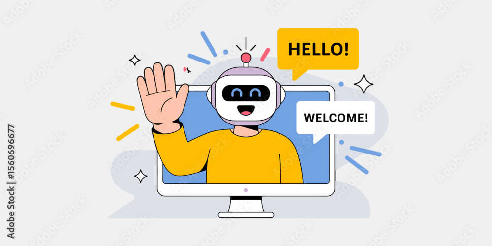 Poster chatbot assistant waving welcome from computer screen, vector illustration for user onboarding, ai c