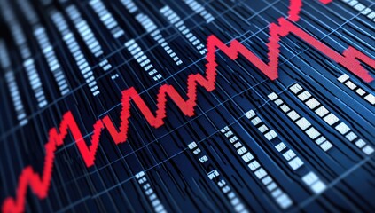 Close-up of a financial chart showing upward trending lines.  Red lines on a dark background with grid.  Technical indicators.  Data visualization