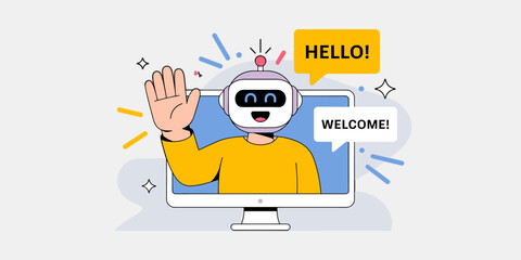 chatbot assistant waving welcome from computer screen, vector illustration for user onboarding, ai customer support and virtual greeting