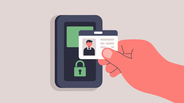 employee's hand using id card on access control reader, vector illustration for office security, identity verification and building entry system