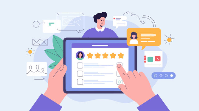 customer's hands filling out online survey on tablet, vector illustration for customer feedback, user experience review and service rating