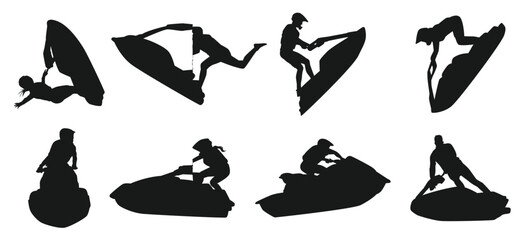jet ski silhouette collection set sport race vehicle vacation concept different actions poses