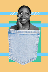 Banner vertical photo collage of happy girl guy peek denim pocket dance party weekend chill...