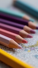 A vibrant array of colored pencils on an intricate coloring sheet, showcasing creativity and art materials in close-up.