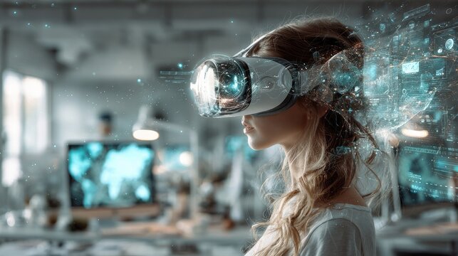 A woman wearing a virtual reality headset experiences immersive digital interaction in a futuristic tech environment. - Powered by Adobe
