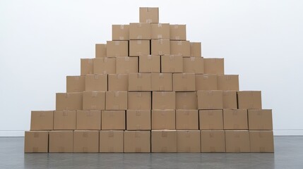 Fototapeta premium Stack of labeled moving boxes beside a white wall with plenty of copy space, ready for interior staging or unpacking themes.