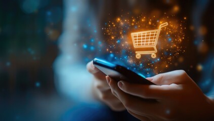 Hands holding a phone with a glowing shopping cart icon overlay