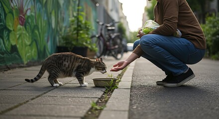 Compassionate Street Scene Person Feeding a Hungry Cat