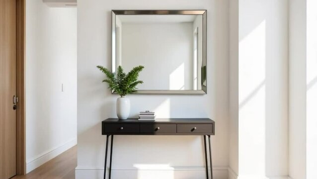 Elegant foyer interior with mirror, console table, and greenery creates a welcoming atmosphere