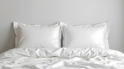 White pillows, blanket and duvet cover on bed in modern minimalist bedroom, mock up bed linen.
