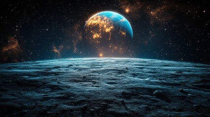 Majestic cosmic view of Earth from the surface of a distant moon at twilight