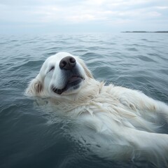 Golden retriever enjoying a peaceful swim in calm water during a serene evening