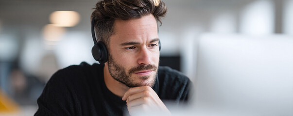 Focused man with headphones, deep in thought. Represents concentration, online learning, remote work, or a video call. Ideal for business or education contexts.