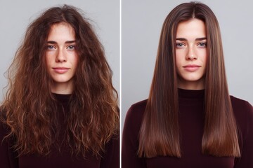 A before-and-after photo showcasing a woman's dramatic hair transformation from frizzy curls to sleek, straight hair.