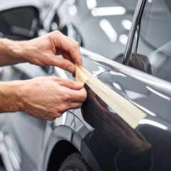 Caucasian male applying masking tape to car door for scratch protection