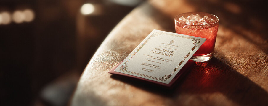 Elegant cocktail with invitation on wooden table. Warm tones evoke sophistication. Perfect for lifestyle, event, or celebration concepts.