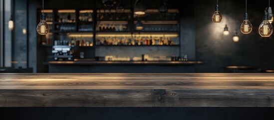 Dark, industrial bar counter with wooden table top