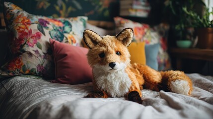 Obraz premium Plush fox on singe bed with colorful pillows and duvet, no logos, no brands