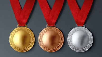 Sports medals. Golden silver bronze medal with red ribbon. Champion winner awards of honor vector isolated template, no logos, no brands