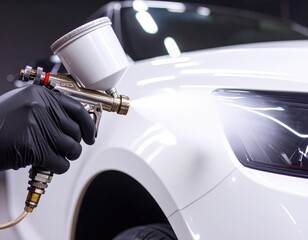 Professional car spray painting in auto repair shop