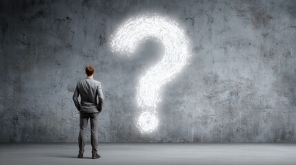 Obraz premium Business man looking at wall with a bright question mark concept, no logos, no brands