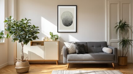 Poster above white cabinet with plant next to grey sofa in simple living room interior. Real photo, no logos, no brands