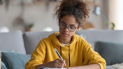 Focused african american teen girl student pupil writing notes in notebook distance learning studying online makes goals check list at home office. Remote college school education, elearning concept.