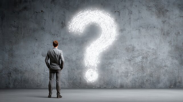 Business man looking at wall with a bright question mark concept, no logos, no brands