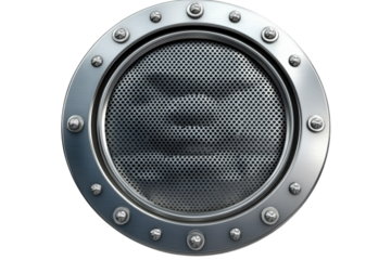 Industrial metal porthole offering a glimpse into the unknown with rivets and textured mesh on on transparent background