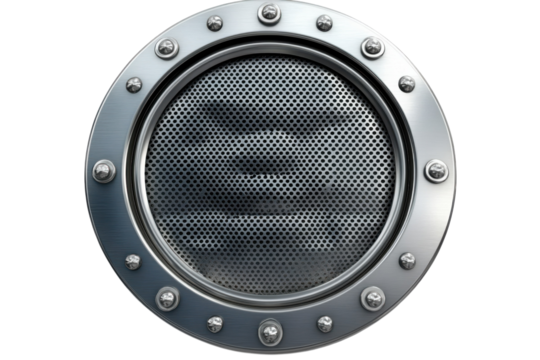 Industrial metal porthole offering a glimpse into the unknown with rivets and textured mesh on on transparent background