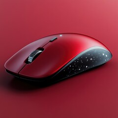 Sleek red wireless mouse with cosmic pattern resting on a vibrant background