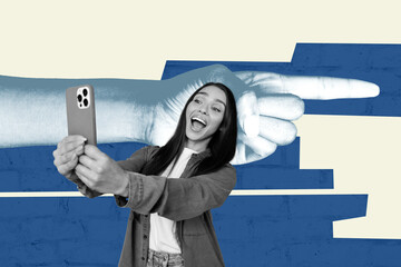 Full 3d zine pop trend collage of hands point businesswoman businessman index finger redundancy concept cut staff jobless collapse