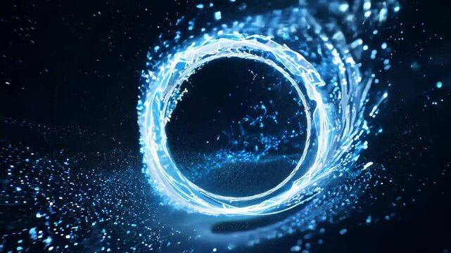 Bright electric-blue ring made of plasma and light particles rotates in darkness, radiating energy and creating a circular ripple effect. Sci-fi power field concept