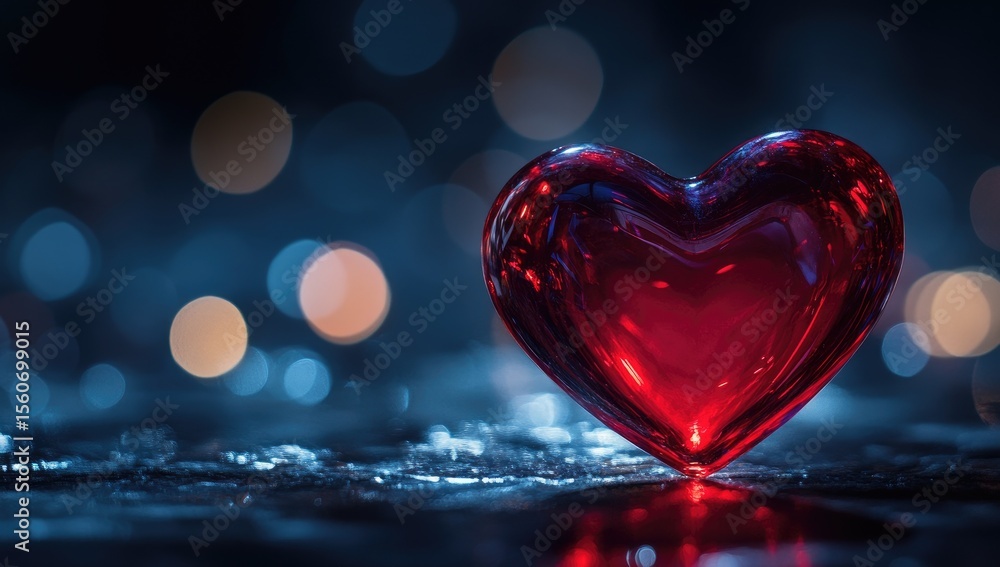 Poster red heart on dark background with bokeh
