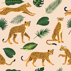 Seamless pattern with cute leopards or cheetah and exotic tropical leaves. Vector background for printing on fabric, paper, packaging, clothing.