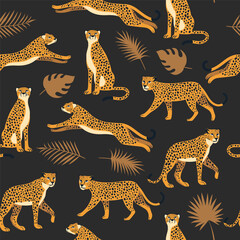 Seamless pattern with cute leopards or cheetah and exotic tropical leaves. Vector background.