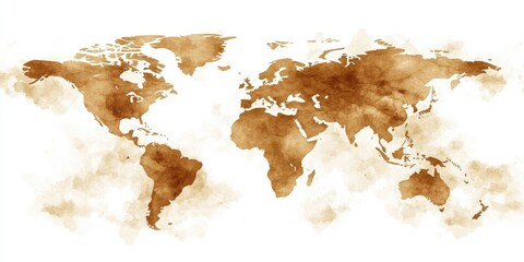 Vintage-style world map, light brown watercolor