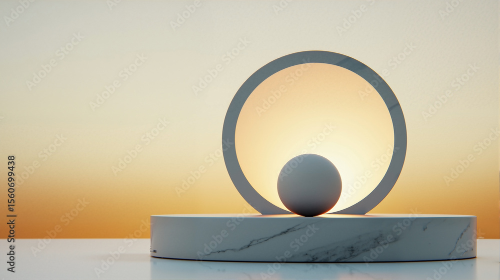 Poster elegant circular marble podium with diffused rim and fill light on muted summer background, clean 3d