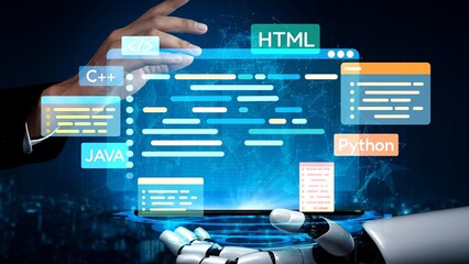 Software development with coding overlays, programming languages, developer tools, mobile app...